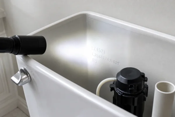 How to find your toilet model number: a flashlight held at an angle to read a stamped model number on the inside back wall of a toilet tank