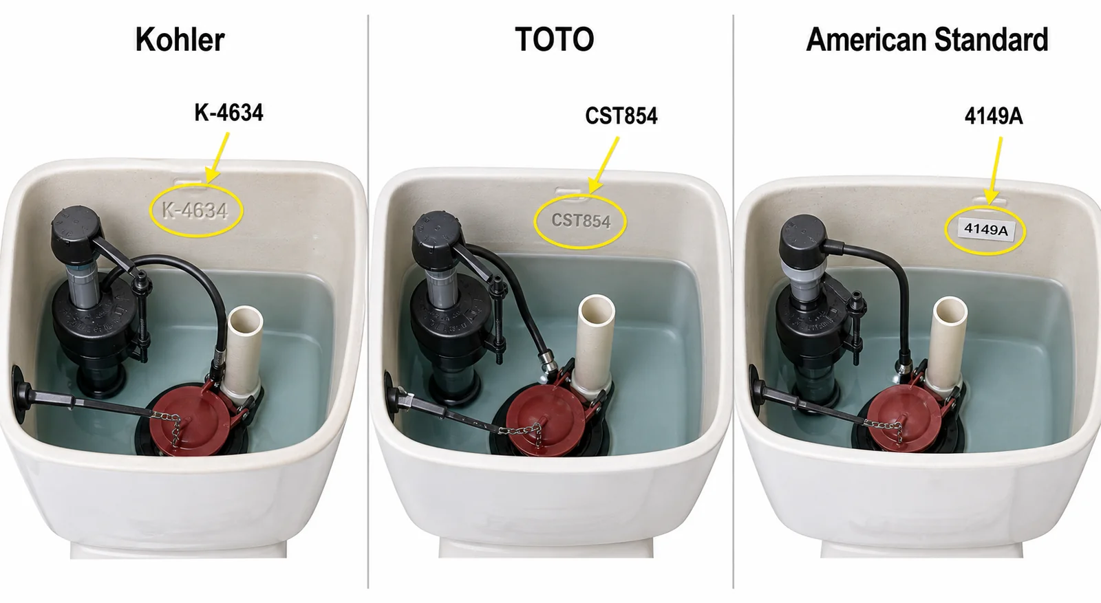 Comparison of tank number formats: Kohler's K-4634 style, TOTO's CST854 style, and American Standard's 4149A style