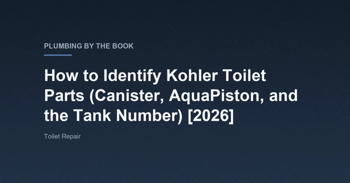 Title card for the article 'How to Identify Kohler Toilet Parts (Canister, AquaPiston, and the Tank Number) [2026]' on Plumbing By The Book