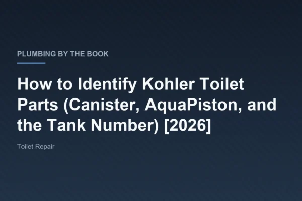 Title card for the article 'How to Identify Kohler Toilet Parts (Canister, AquaPiston, and the Tank Number) [2026]' on Plumbing By The Book