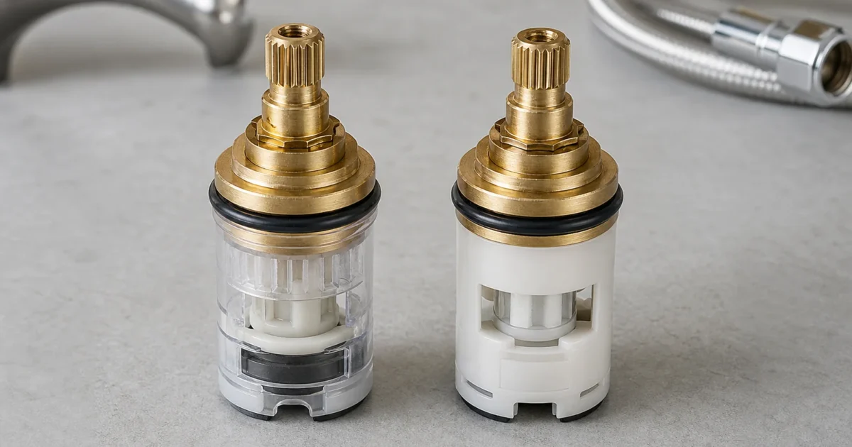A genuine OEM Moen 1225 cartridge next to an aftermarket Danco replacement cartridge, comparing whether aftermarket faucet cartridges are as good as OEM