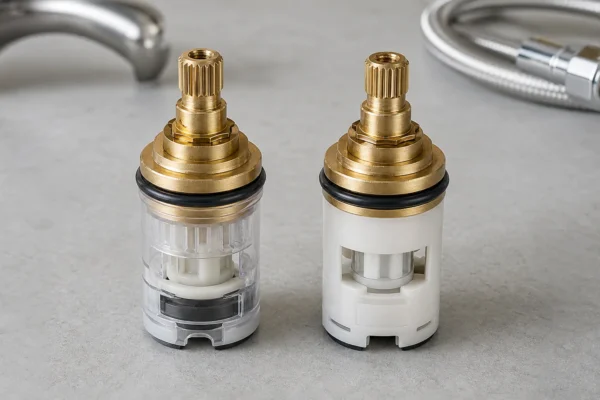 A genuine OEM Moen 1225 cartridge next to an aftermarket Danco replacement cartridge, comparing whether aftermarket faucet cartridges are as good as OEM