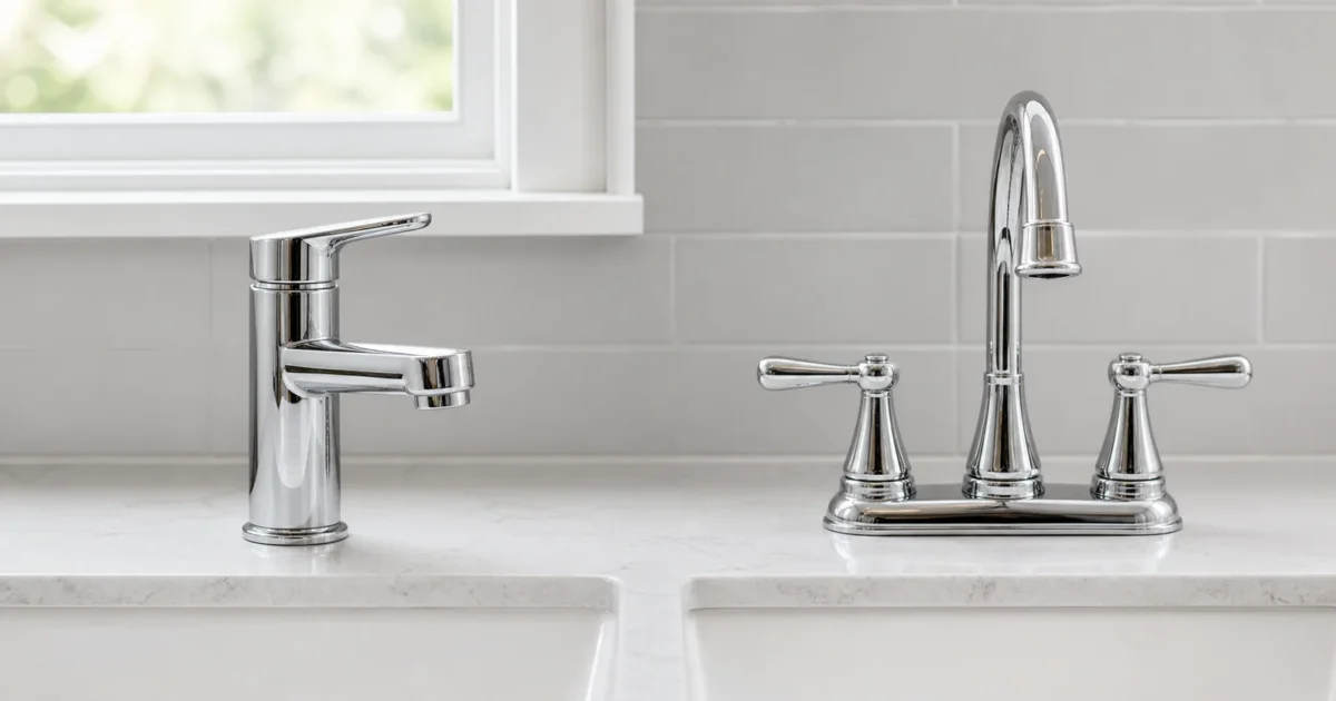 A single-handle faucet next to a two-handle faucet, illustrating the single-handle vs two-handle faucet repair comparison