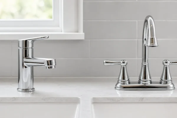 A single-handle faucet next to a two-handle faucet, illustrating the single-handle vs two-handle faucet repair comparison