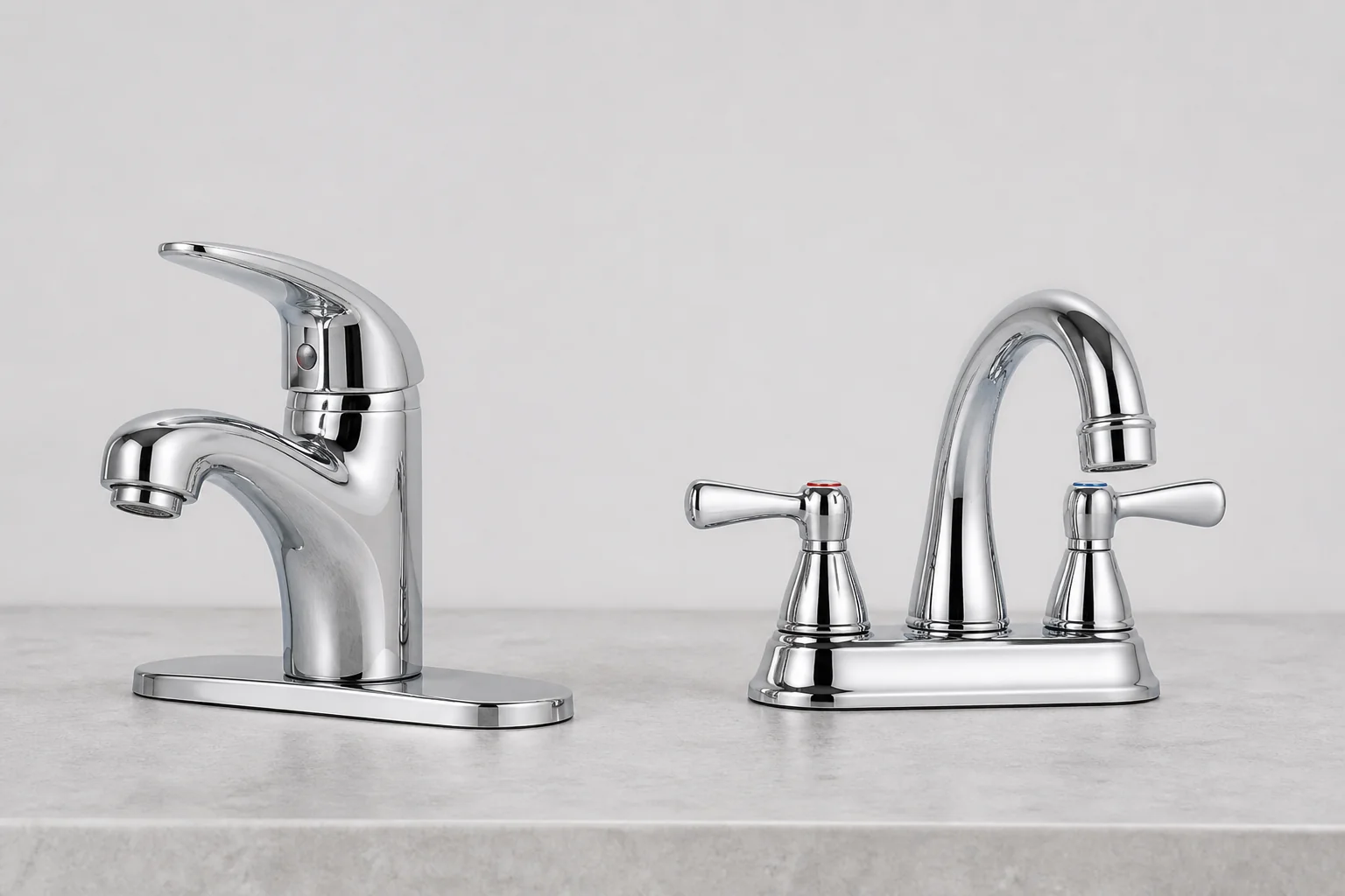 A single-handle faucet next to a two-handle faucet, showing the difference in handle configuration