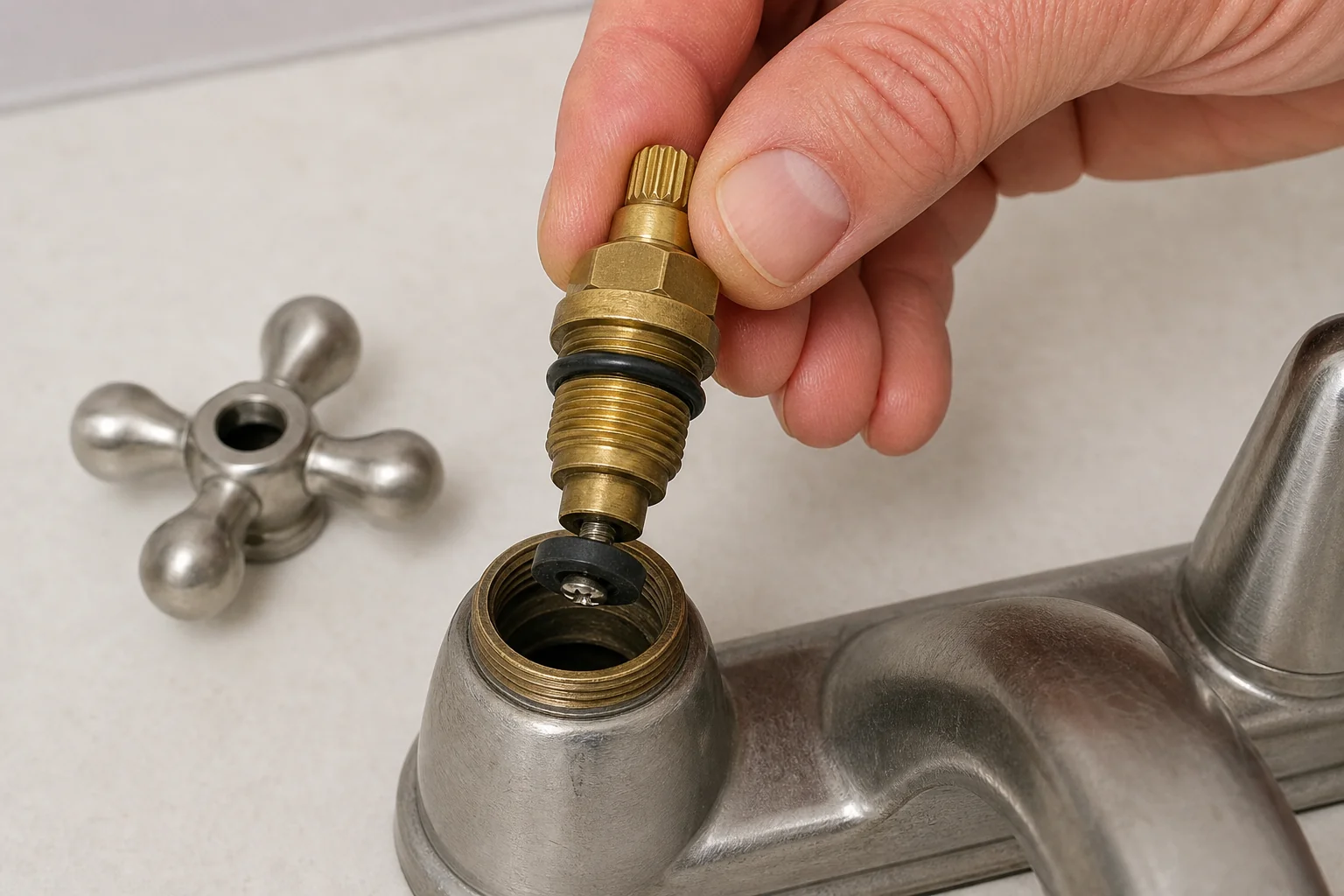 A two-handle faucet stem removed for repair, showing the washer, O-ring, and packing nut