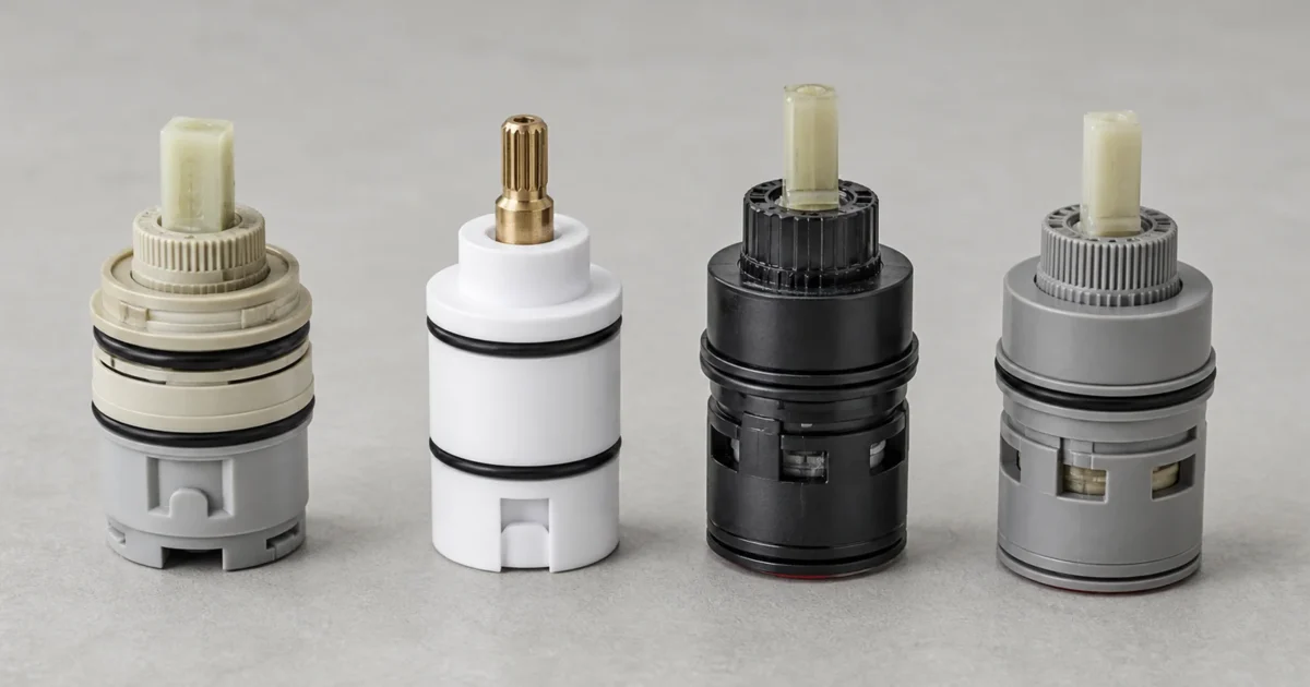 Shower cartridge identification chart showing cartridges from Delta, Moen, Kohler, and Pfister side by side
