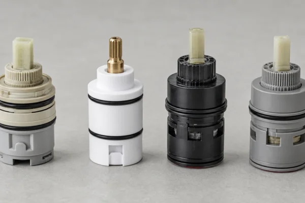Shower cartridge identification chart showing cartridges from Delta, Moen, Kohler, and Pfister side by side