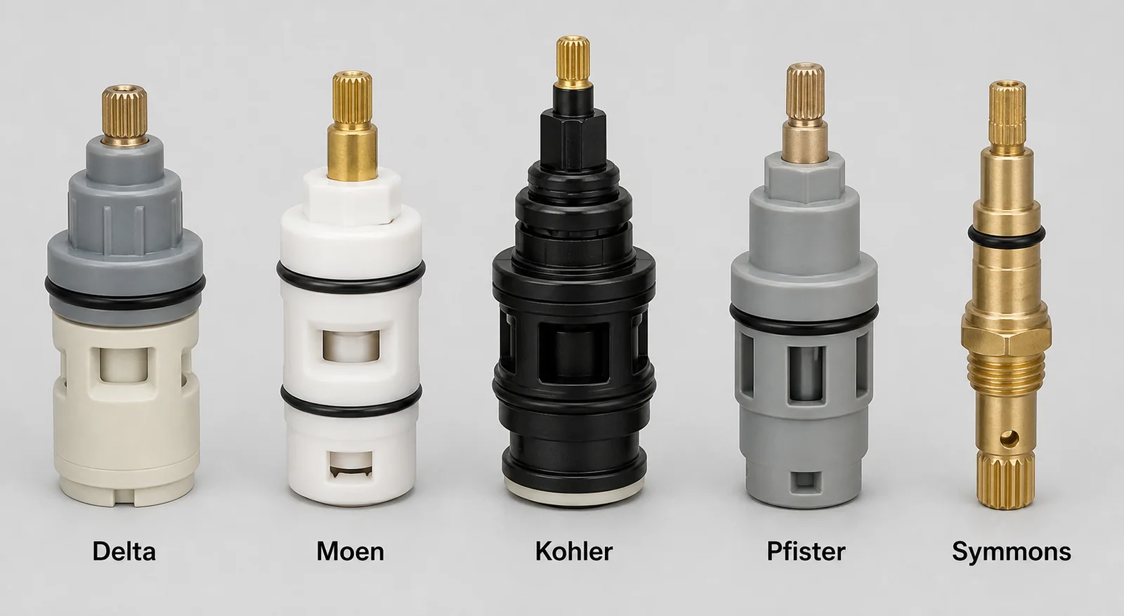 Five shower cartridges from five different brands -- Delta, Moen, Kohler, Pfister, and Symmons -- shown side by side to illustrate how different families look
