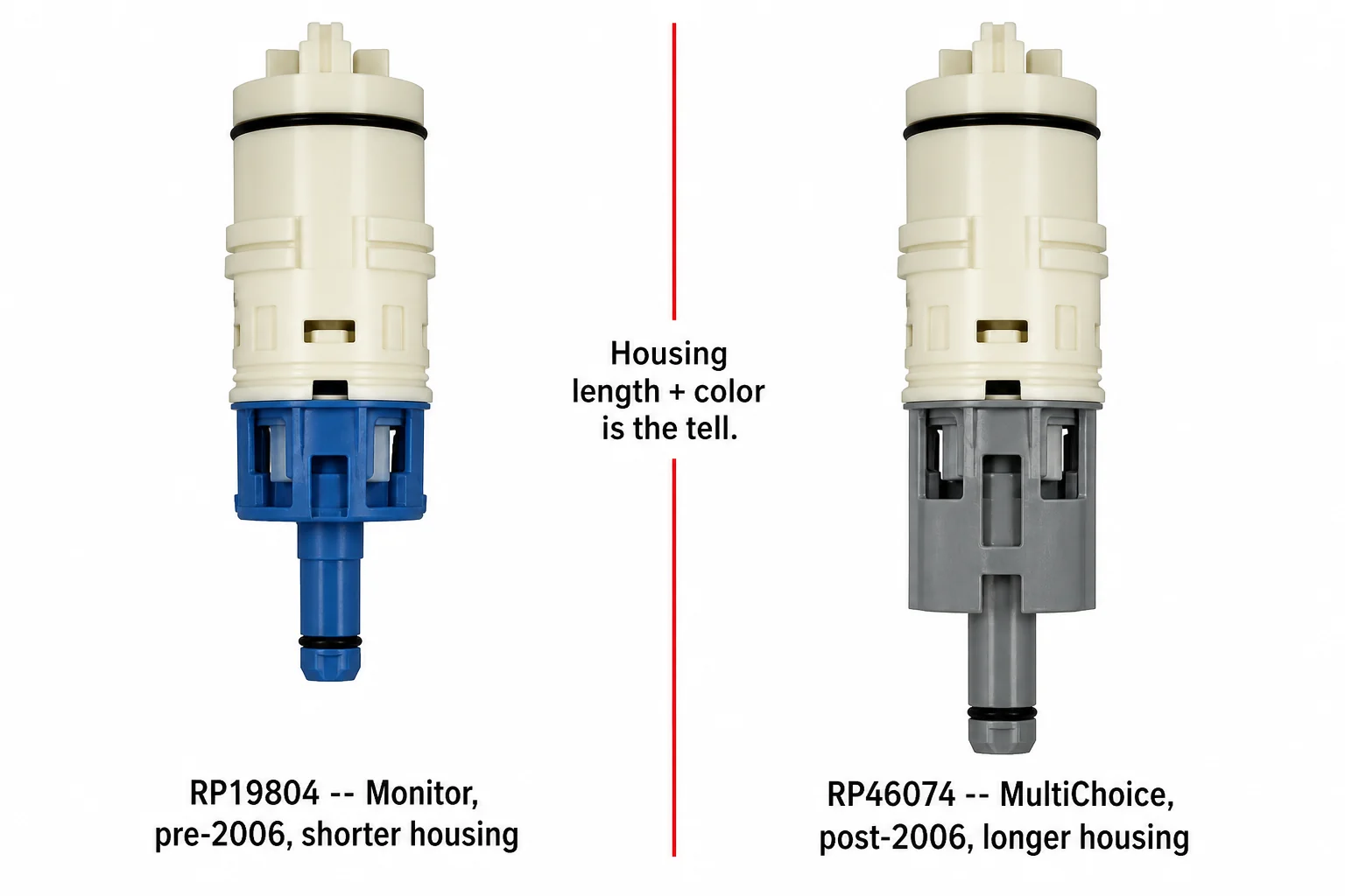 Delta RP19804 Monitor cartridge (shorter blue/off-white housing) next to RP46074 MultiChoice cartridge (longer gray/off-white housing)