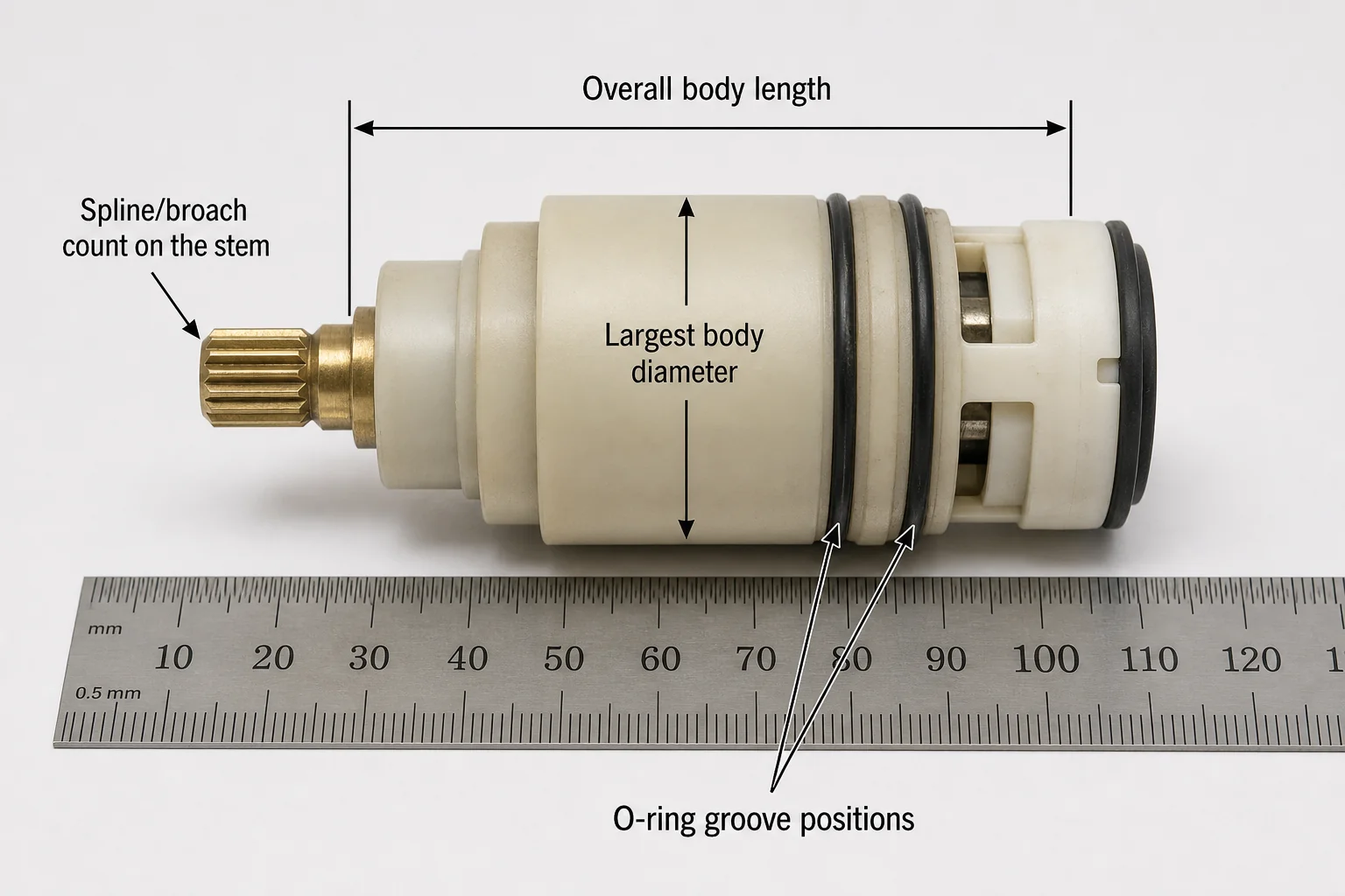 Diagram showing where to measure a removed shower cartridge: overall length, body diameter, stem spline count, and O-ring groove positions