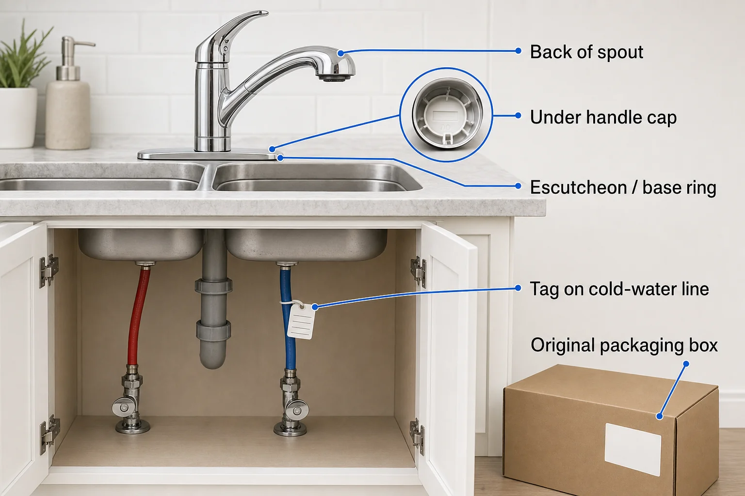Diagram showing five places to find a faucet model number: spout back, handle cap underside, escutcheon, under-sink supply-line tag, and packaging