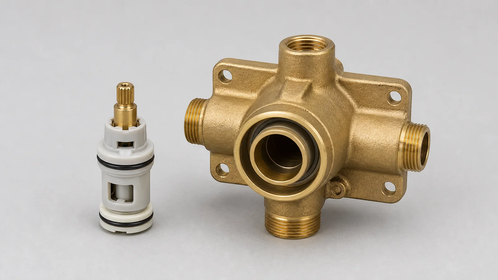 A shower cartridge next to the full brass valve body it installs into, showing the difference between a cartridge repair and a full valve replacement