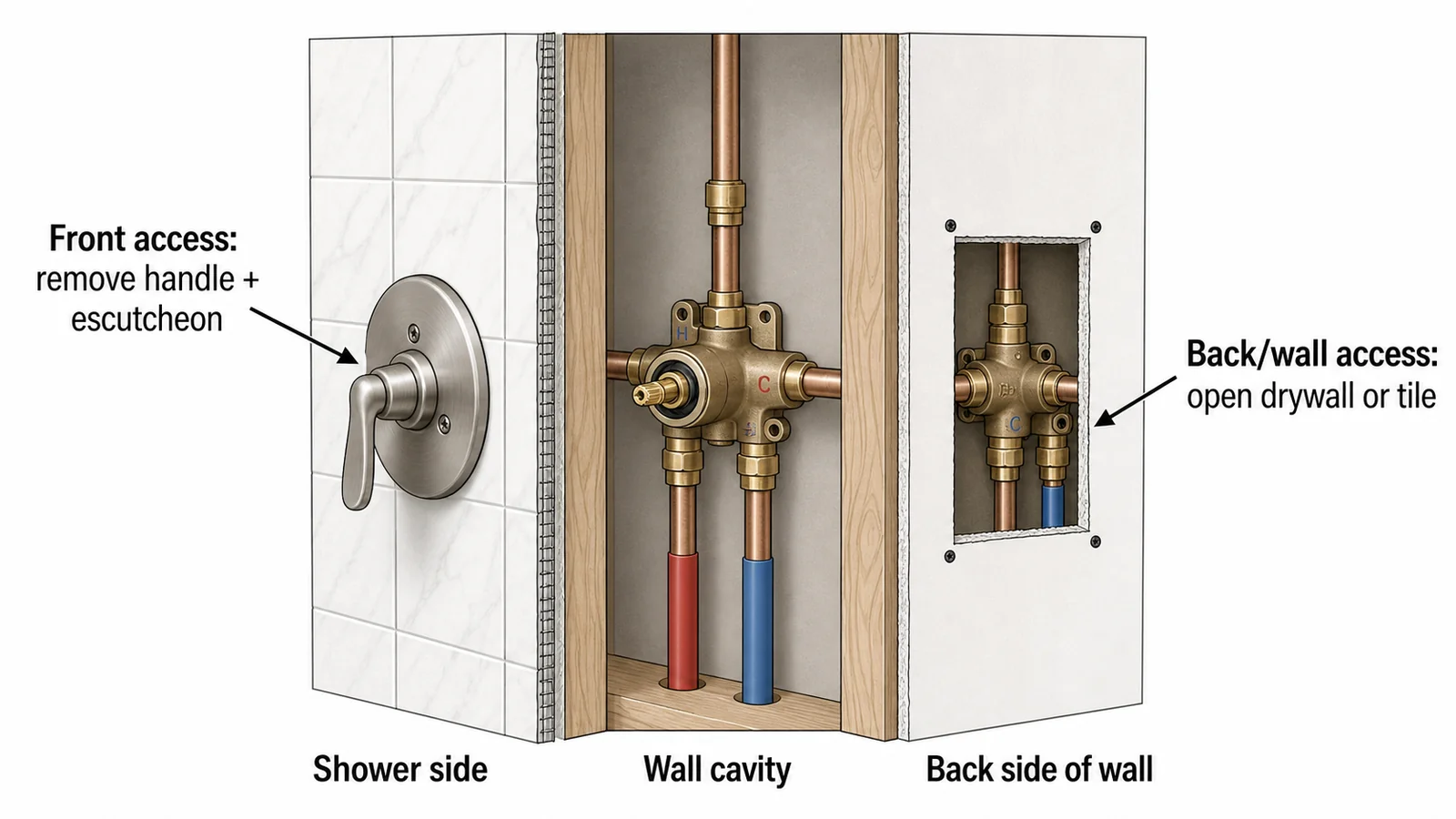 Diagram showing front access through the escutcheon plate versus back-of-wall access for a shower valve repair