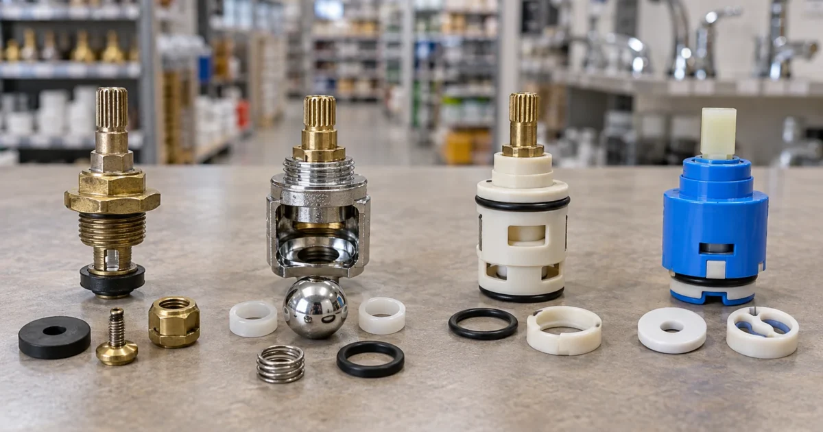 Faucet valve type identification chart showing compression, ball, cartridge, and ceramic disc valve parts side by side
