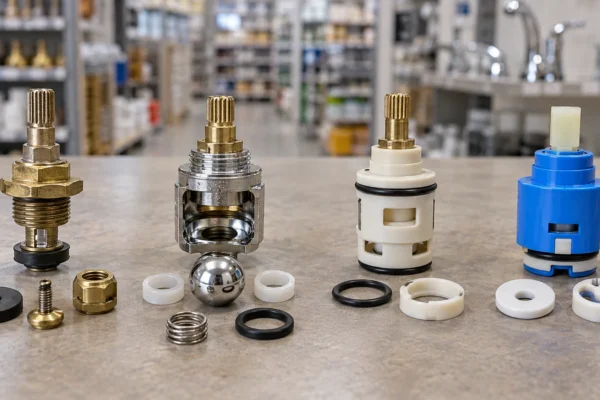Faucet valve type identification chart showing compression, ball, cartridge, and ceramic disc valve parts side by side
