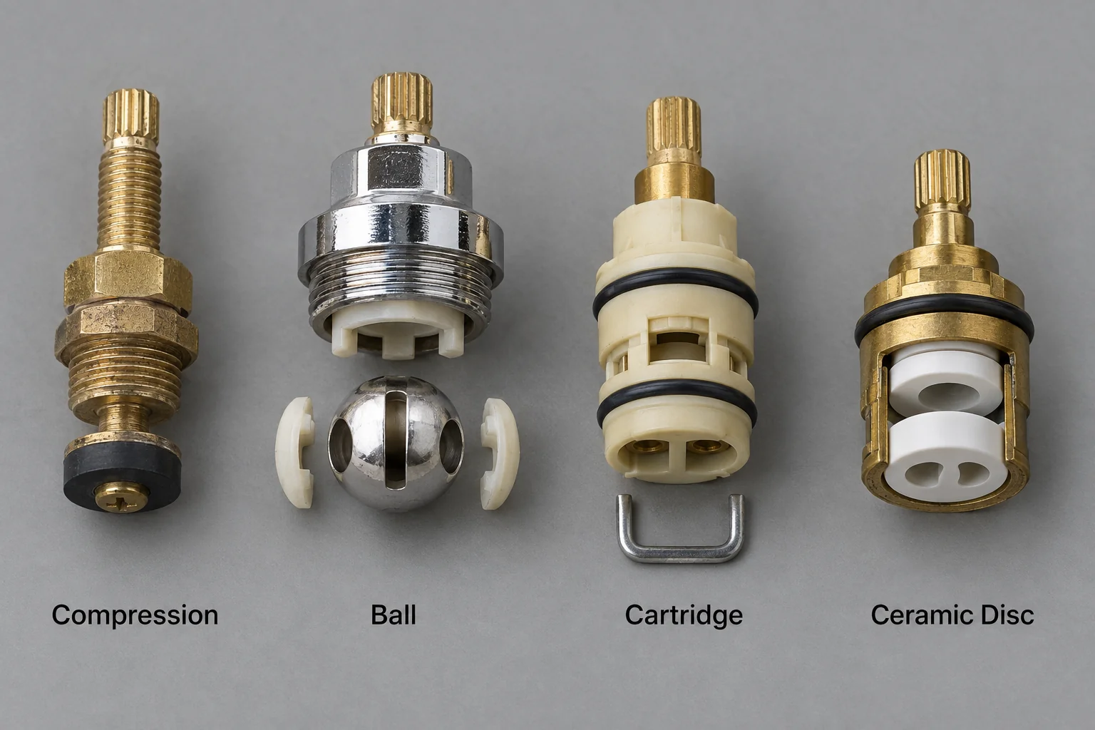 Four faucet valve mechanisms compared side by side -- compression stem, ball assembly, cartridge, and ceramic-disc cartridge -- for faucet valve type identification