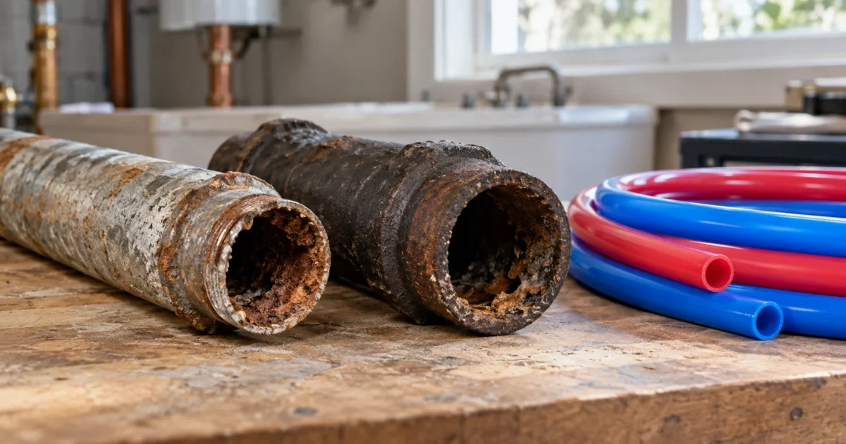 Corroded galvanized and cast iron pipe next to new PEX, illustrating when to repipe vs repair