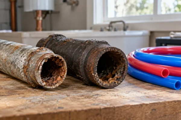 Corroded galvanized and cast iron pipe next to new PEX, illustrating when to repipe vs repair