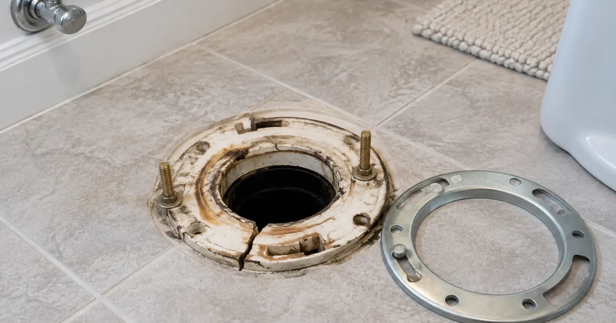 A cracked toilet flange and repair ring on a bathroom floor, illustrating the cost to repair a toilet flange