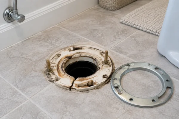 A cracked toilet flange and repair ring on a bathroom floor, illustrating the cost to repair a toilet flange