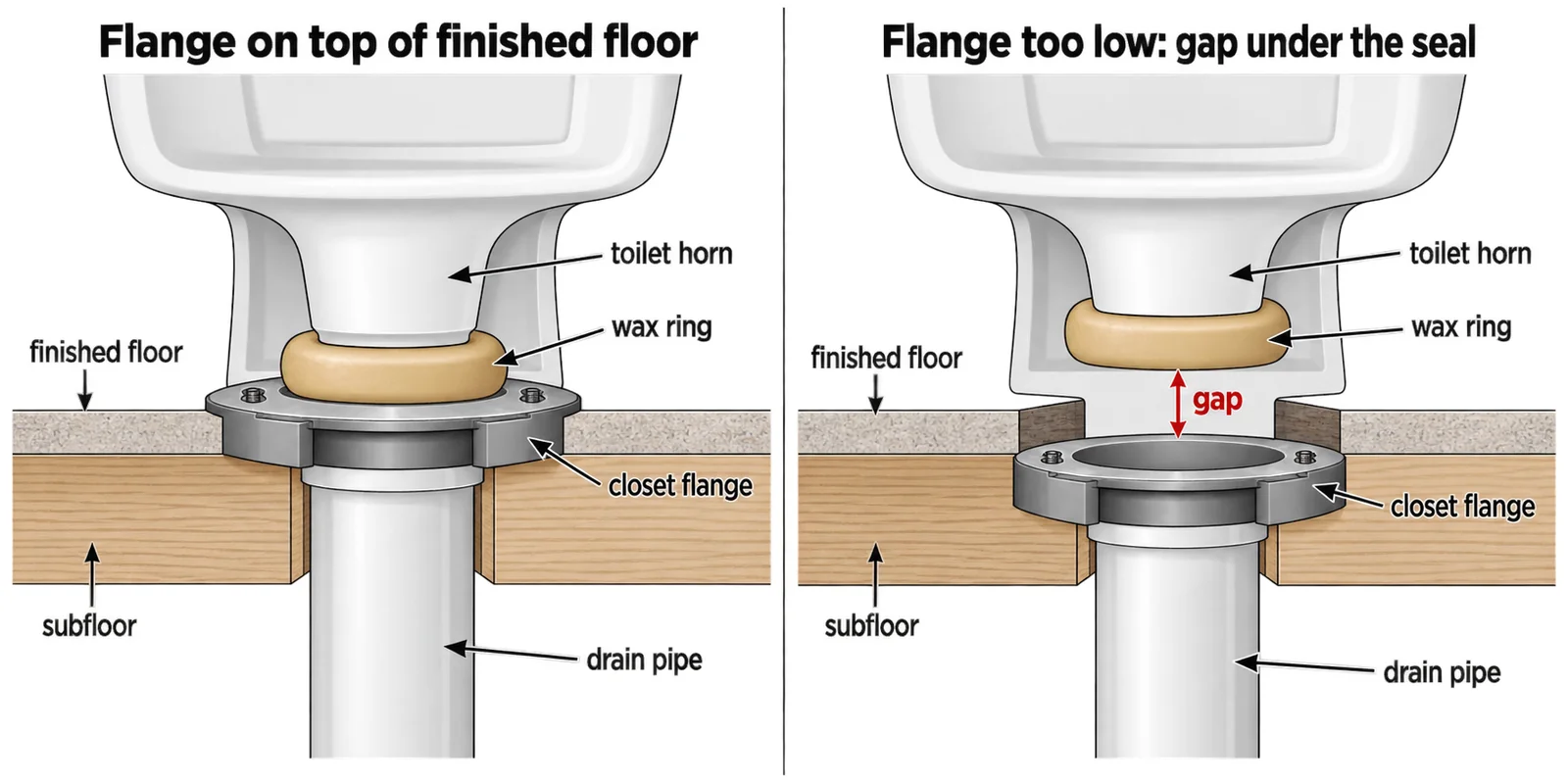Diagram comparing a toilet flange sitting on top of the finished floor with one sitting too low, leaving a gap under the wax ring