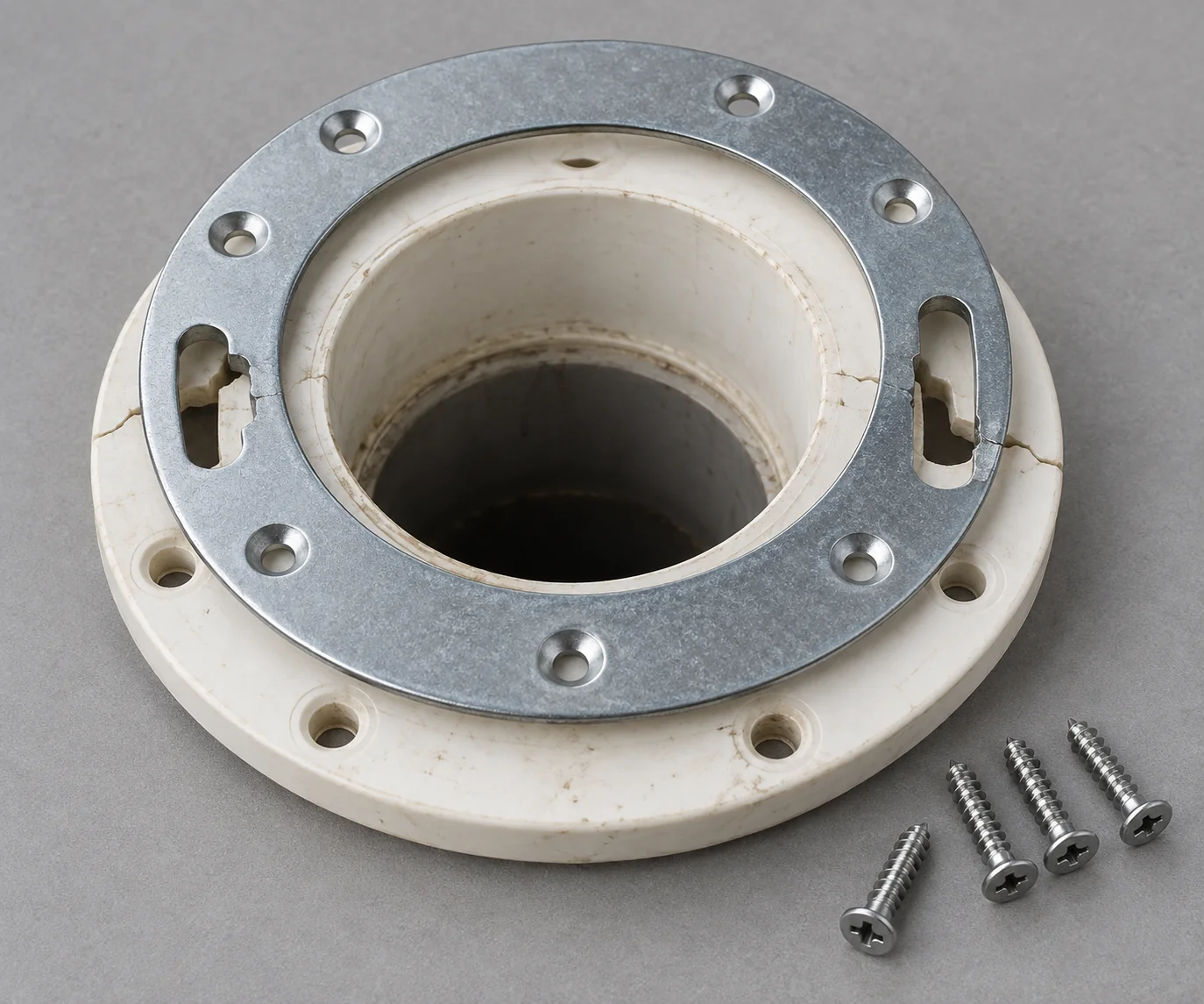 A steel repair ring sitting on a cracked toilet flange, used when the flange is damaged but the drain pipe and floor are still sound