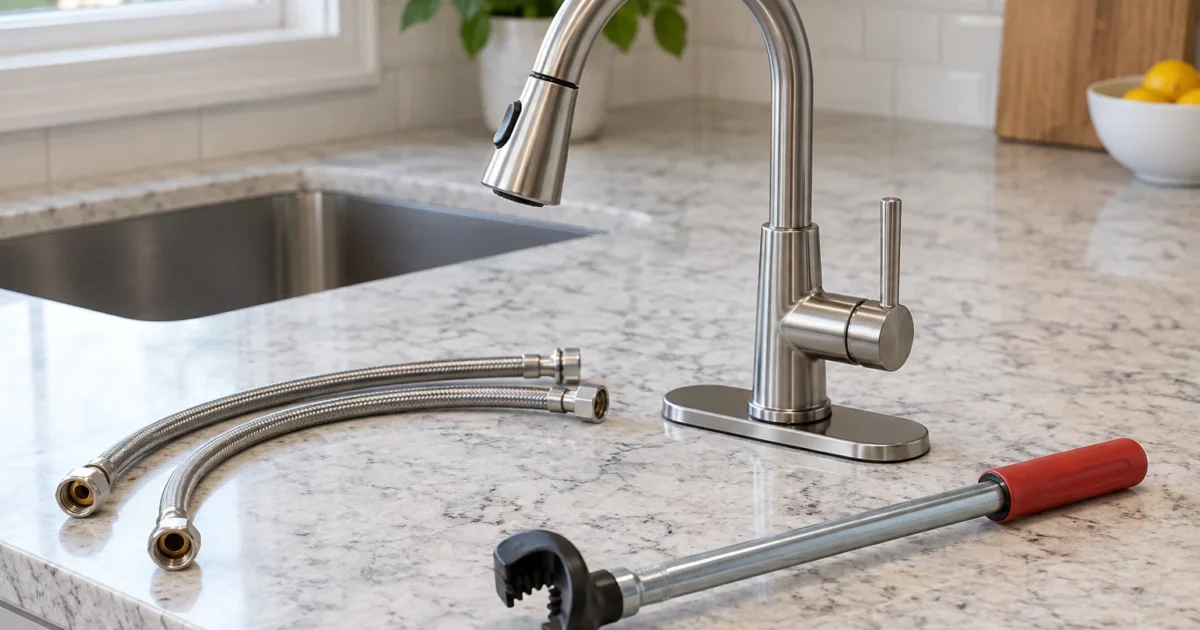 A new kitchen faucet, supply lines, and a basin wrench laid out on a counter, illustrating the cost to install a faucet