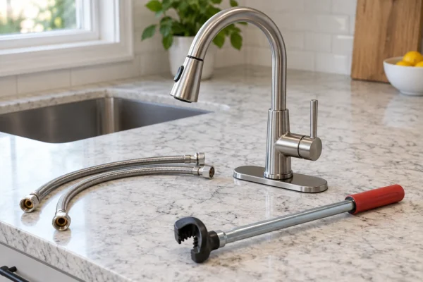 A new kitchen faucet, supply lines, and a basin wrench laid out on a counter, illustrating the cost to install a faucet
