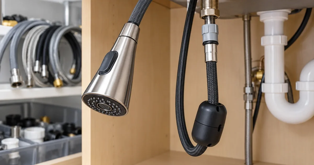 A pull-down kitchen faucet spray head and hose under a sink, illustrating how to choose a replacement hose for a pull-down kitchen faucet
