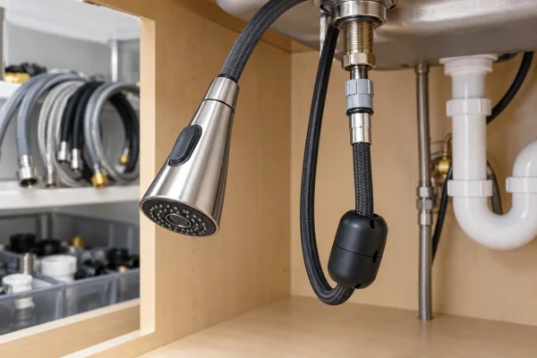 A pull-down kitchen faucet spray head and hose under a sink, illustrating how to choose a replacement hose for a pull-down kitchen faucet