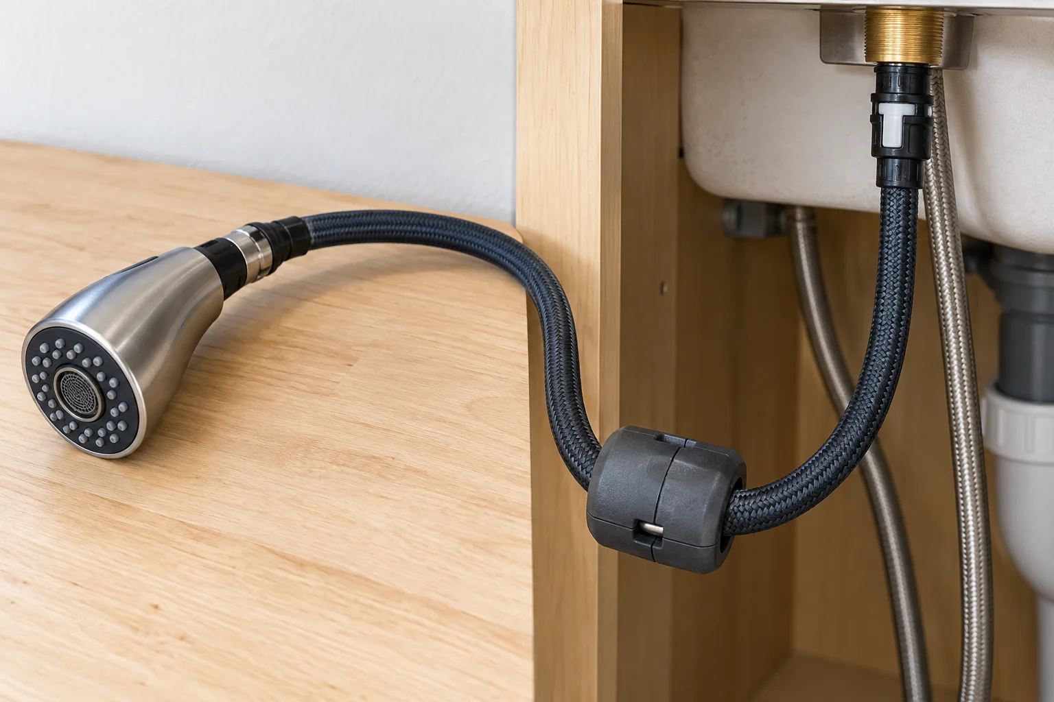 Both ends of a pull-down faucet hose: the spray wand connector and the under-sink quick-connect