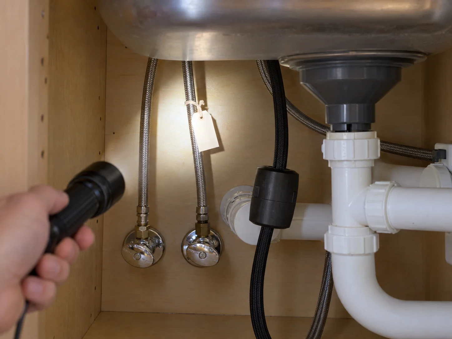 A model identification tag attached to a faucet supply line under a kitchen sink