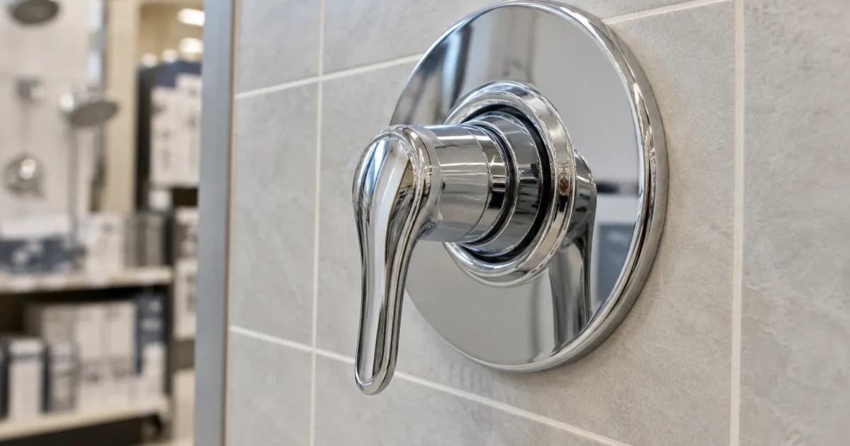 A shower handle and escutcheon plate on a tiled wall, illustrating which shower trim kits fit your valve