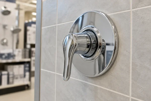 A shower handle and escutcheon plate on a tiled wall, illustrating which shower trim kits fit your valve