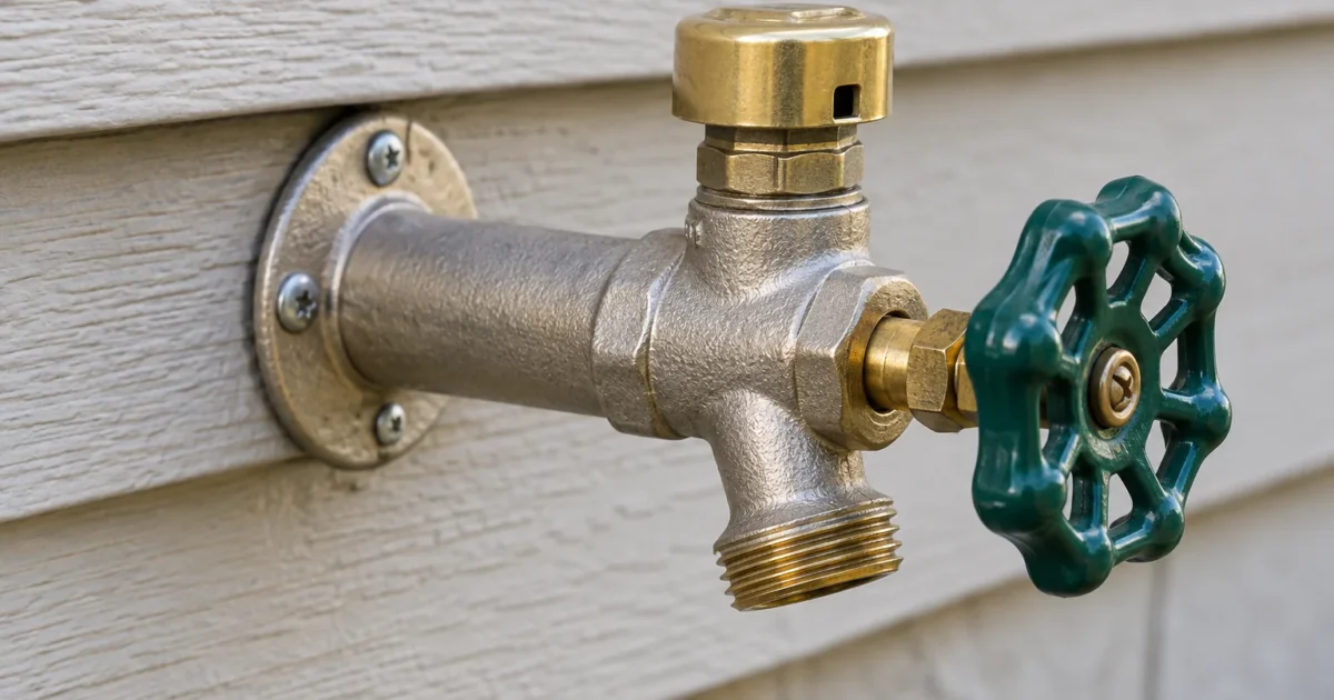 A frost-free outdoor faucet on a house wall with a vacuum breaker cap, illustrating how to identify a frost-free outdoor faucet stem