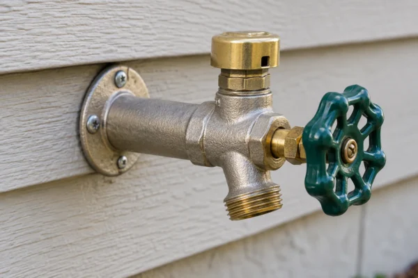 A frost-free outdoor faucet on a house wall with a vacuum breaker cap, illustrating how to identify a frost-free outdoor faucet stem