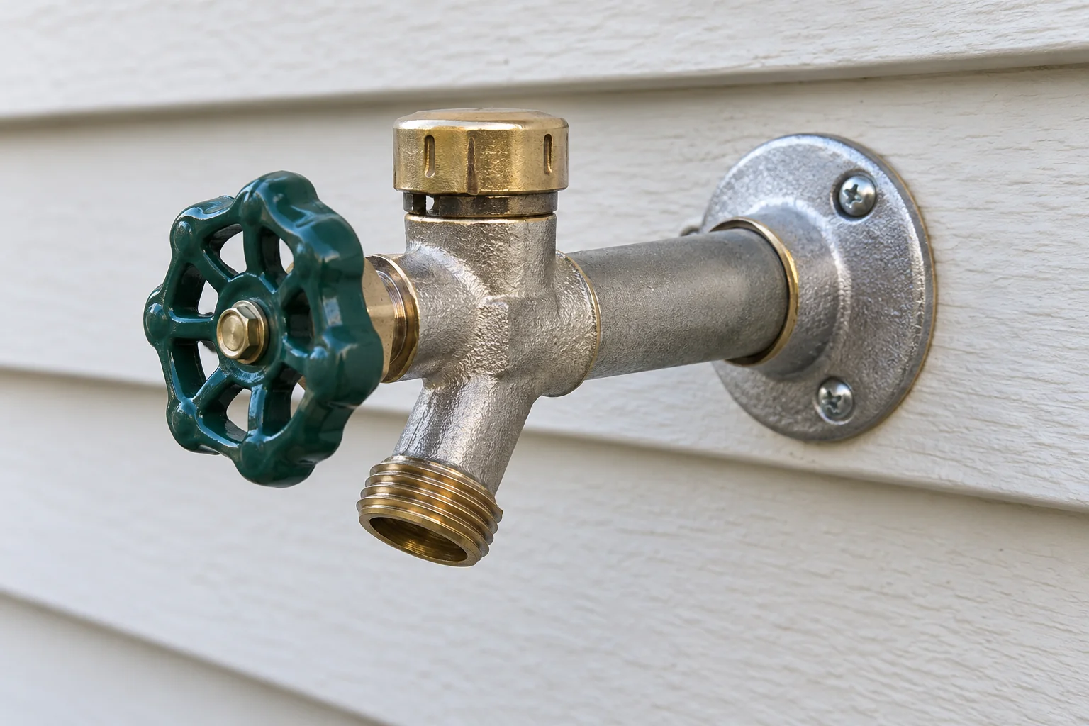 A frost-free outdoor faucet on a house wall showing the handle, the vacuum breaker cap behind it, the spout and the flange