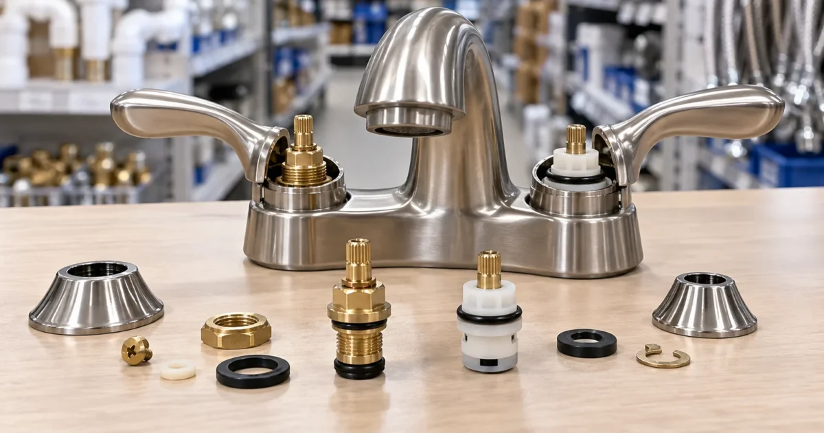 A brass tub and shower faucet stem laid beside a ruler, illustrating a faucet stem identification chart by length and broach