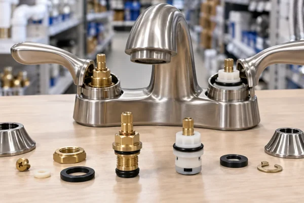 A brass tub and shower faucet stem laid beside a ruler, illustrating a faucet stem identification chart by length and broach