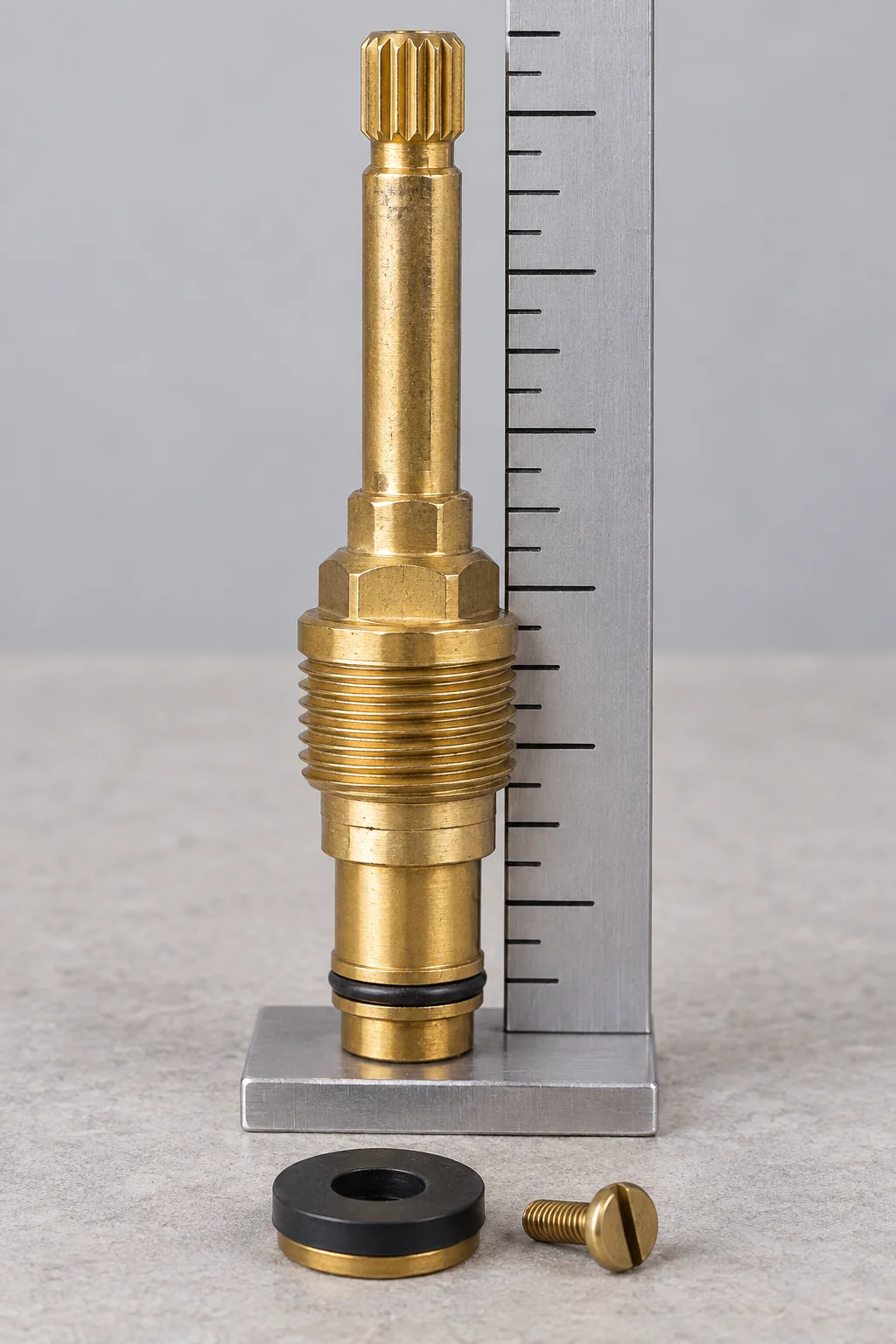 A brass faucet stem standing on a stem gauge with its bottom on the gauge base, ready to read the length code