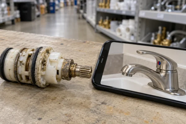 A ceramic faucet cartridge held next to a ruler and a model number tag, illustrating how to find a store-brand faucet cartridge