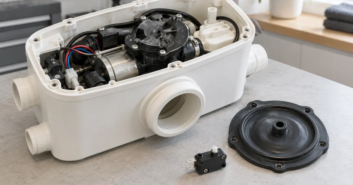 A macerating toilet's pump unit with the lid off, a membrane and a microswitch laid beside it, illustrating macerating toilet parts