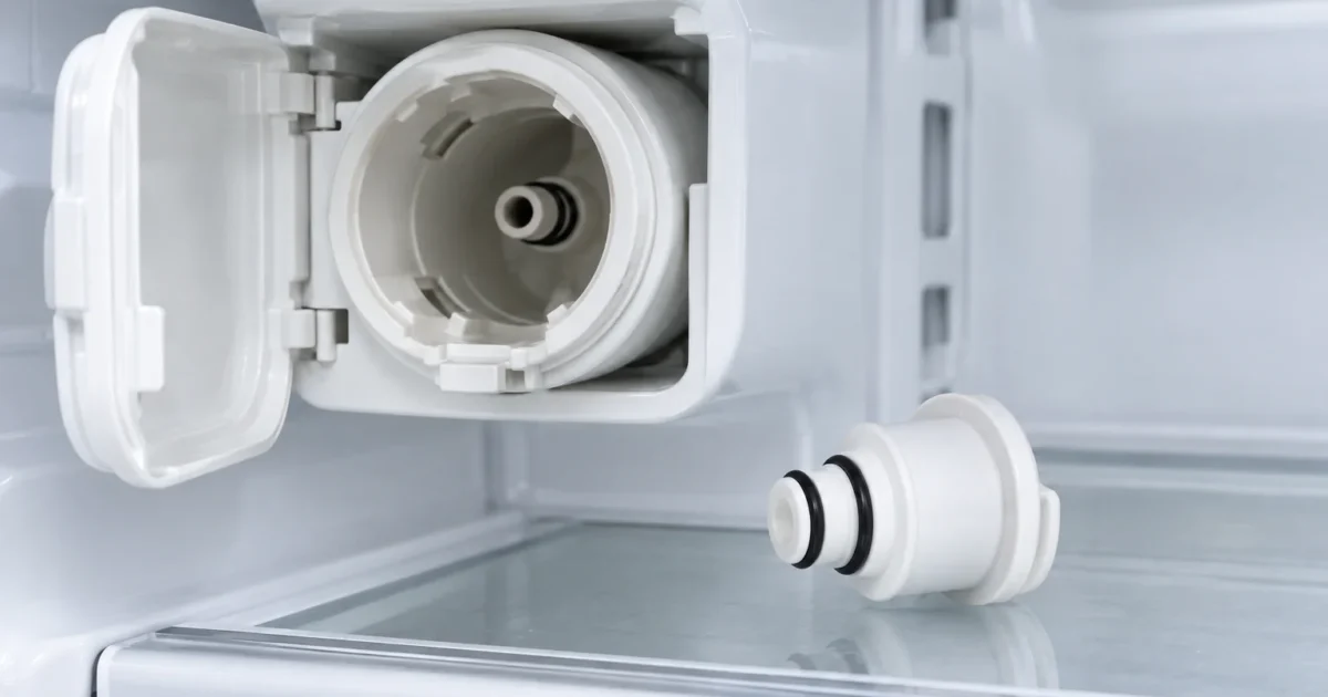 A refrigerator water filter housing with the cartridge removed and a bypass plug beside it, illustrating a refrigerator water filter bypass plug