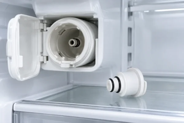 A refrigerator water filter housing with the cartridge removed and a bypass plug beside it, illustrating a refrigerator water filter bypass plug