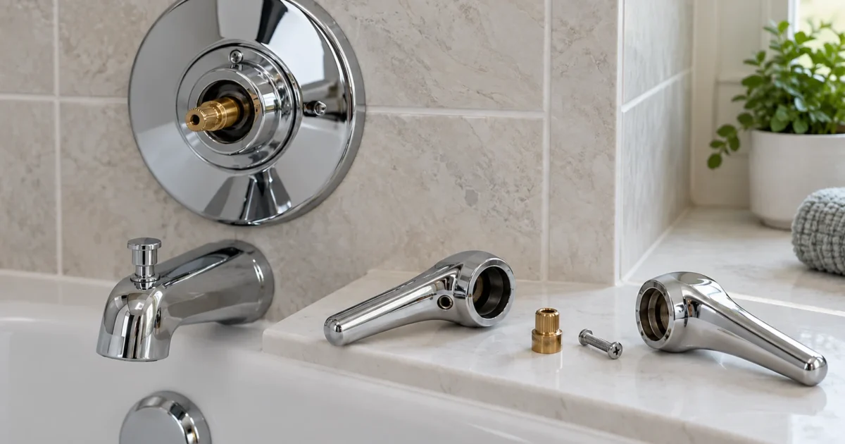 A chrome tub and shower lever handle removed from its stem beside a handle kit, illustrating how to choose a replacement shower handle