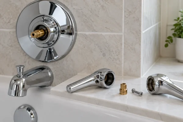 A chrome tub and shower lever handle removed from its stem beside a handle kit, illustrating how to choose a replacement shower handle