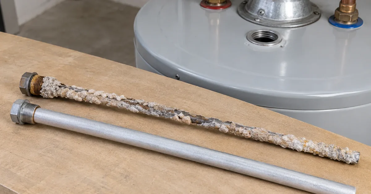 A spent water heater anode rod pulled from the top of a tank beside a new rod, illustrating how to pick a water heater anode rod that fits