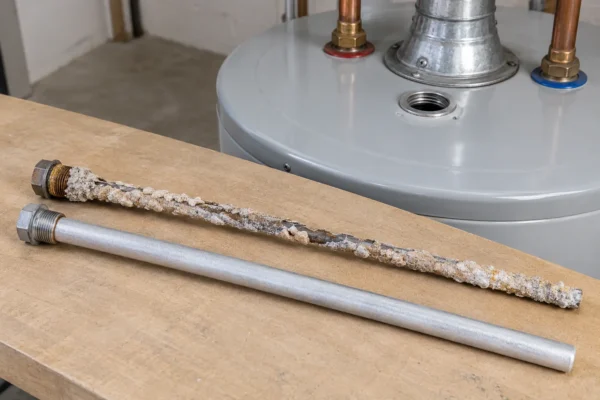 A spent water heater anode rod pulled from the top of a tank beside a new rod, illustrating how to pick a water heater anode rod that fits